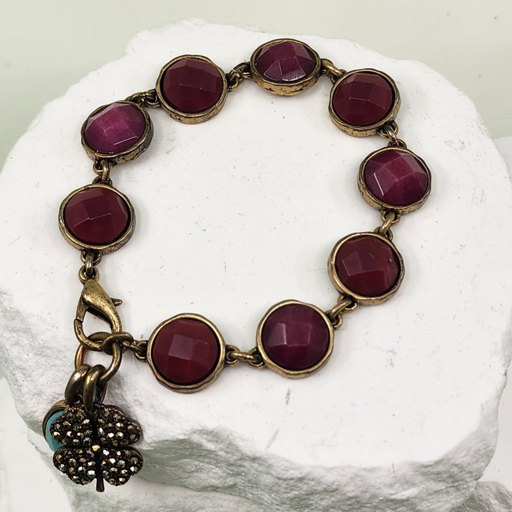Purple Faceted Stone Charm Bracelet Antique Gold Tone Clover Rhinestone Whimsy